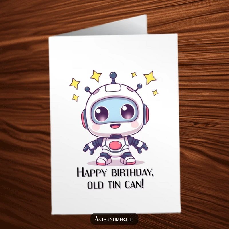 Funny Free Printable Birthday Card: A happy robot with big, sparkling eyes looking up at a starry night sky.