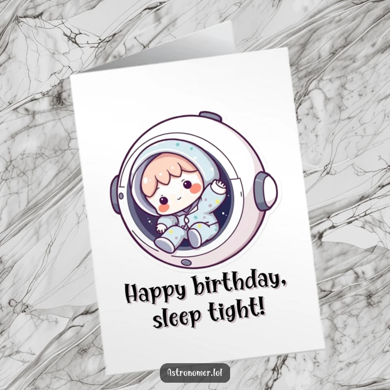 Funny Free Printable Birthday Card: Character in starry pajamas comically tumbling out of an open spaceship hatch.