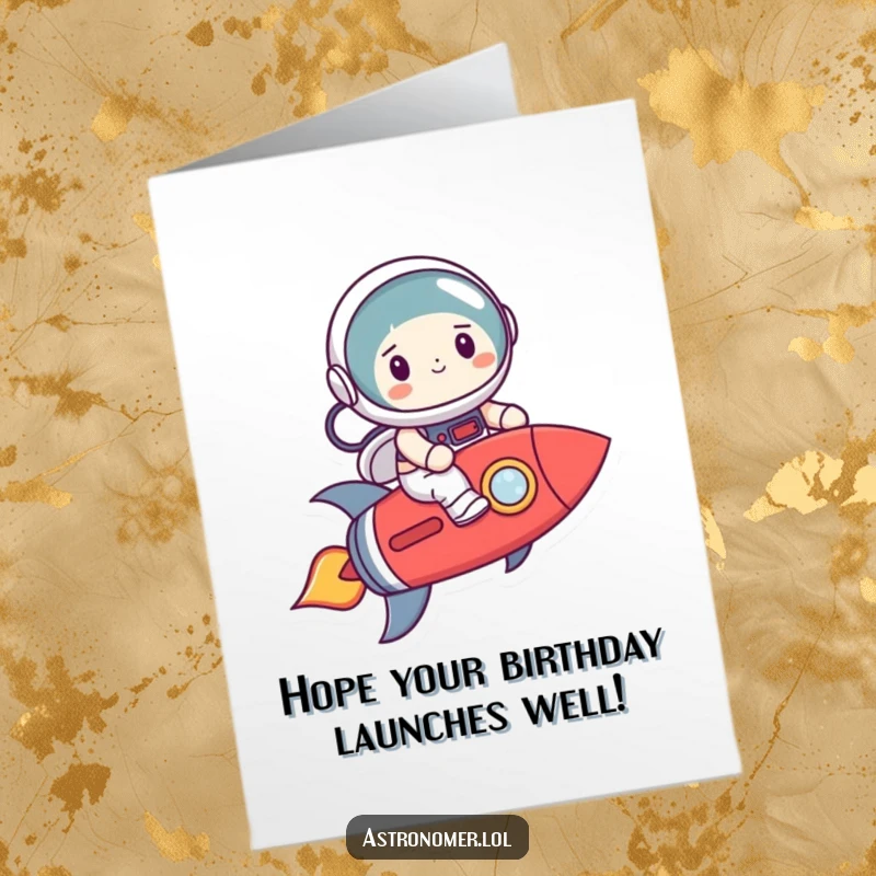 Funny Free Printable Birthday Card: Smiling astronaut on a wobbly rocket, ideal for a unique DIY celebration.