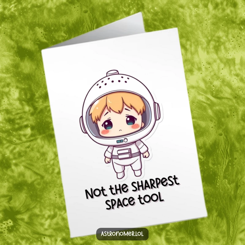 Funny Free Printable Birthday Card featuring a confused character wearing a colander as a space helmet, ready for a DIY giggle.