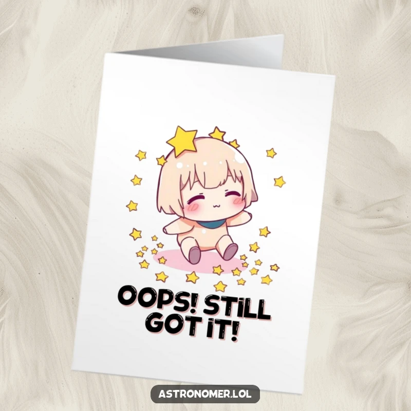 Funny free printable birthday card of a character tripping and scattering stars, embodying birthday chaos and humor.