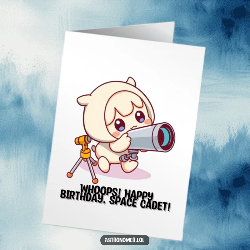 Funny Free Printable Birthday Card: Cute character comically trips over a telescope, eyes wide with surprised glee.