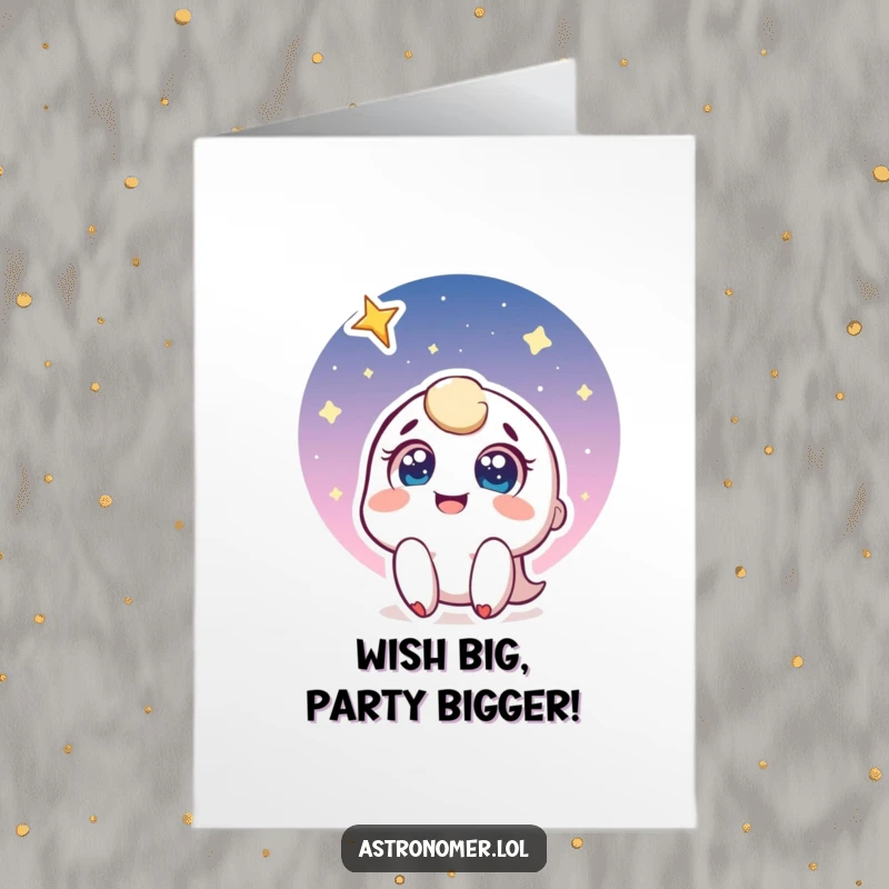 Funny Free Printable Birthday Card: Character with wide eyes smiles at a glowing shooting star.