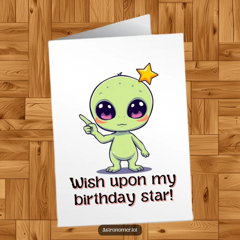 Funny Free Printable Birthday Card featuring a cute alien with wide eyes pointing at a shooting star, ready to grant a wish.