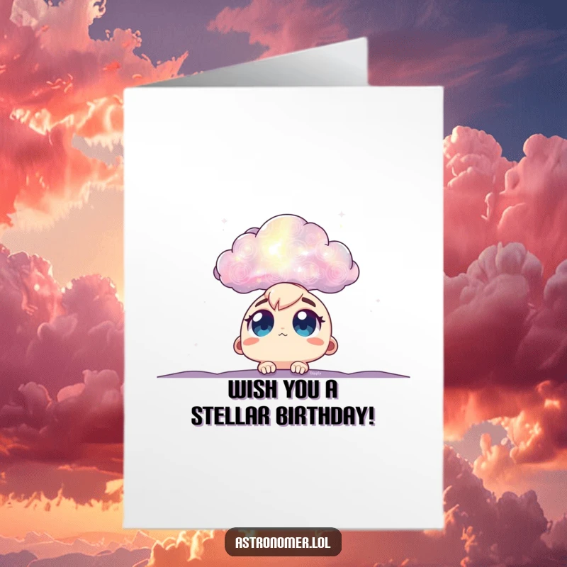 Funny Free Printable Birthday Card: Wide-eyed character looking up in awe at a colorful, swirling nebula cloud.