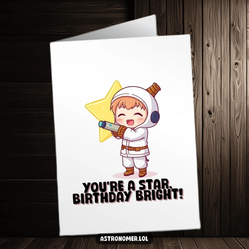 Funny Free Printable Birthday Card: Delighted Kawaii astronomer character joyfully hugging a massive, glowing star.
