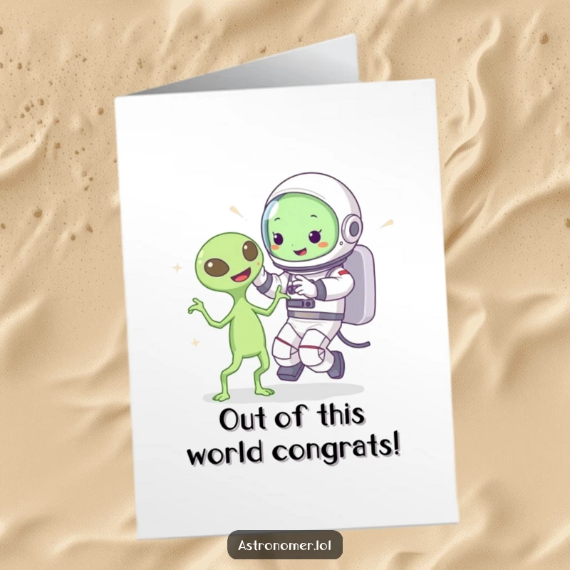 Funny Free Printable Congratulations Card: Cartoon astronaut happily dancing with a welcoming alien, a symbol of connection.