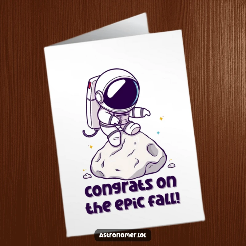 Funny Free Printable Congratulations Card: A chibi astronaut comically trips over a lunar rock, showcasing a funny moment.