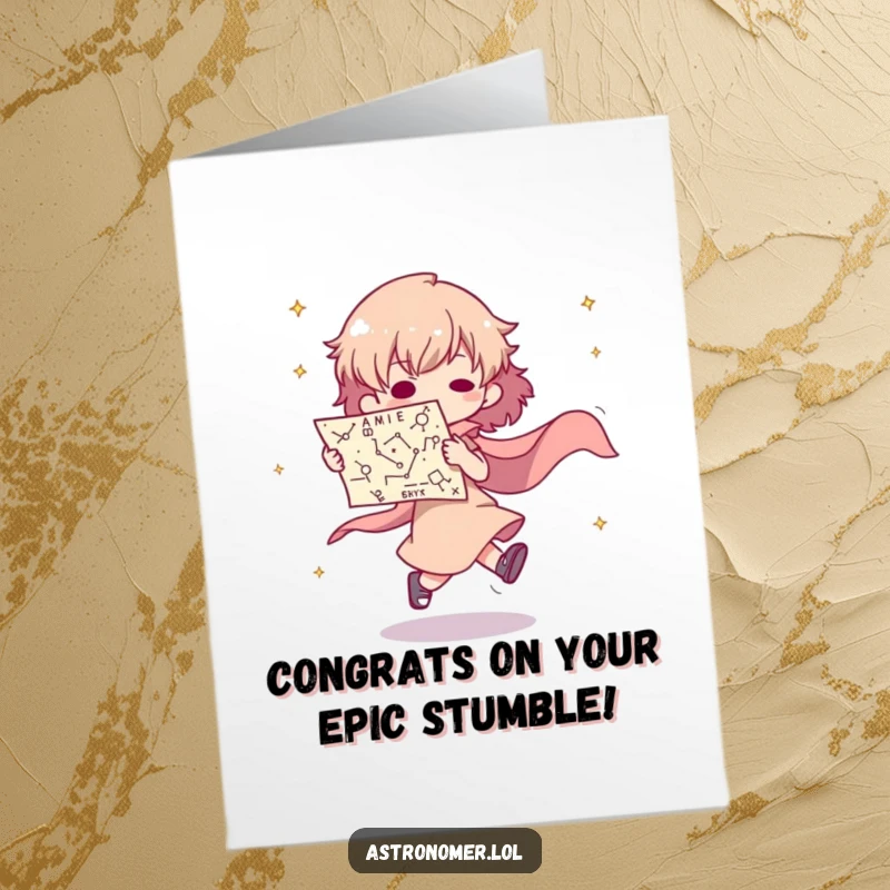 Funny Free Printable Congratulations Card: an alien trips with a constellation map, implying a humorous journey to success.
