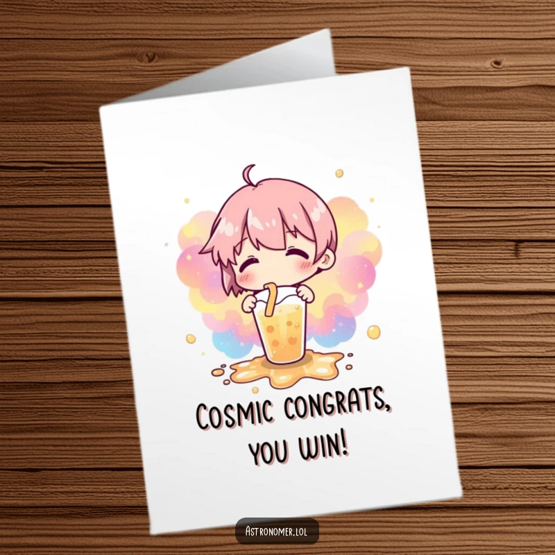 Free Printable Congratulations Card: A spilled drink artfully forming a nebulae pattern, celebrating achievements with celestial humor, a download.