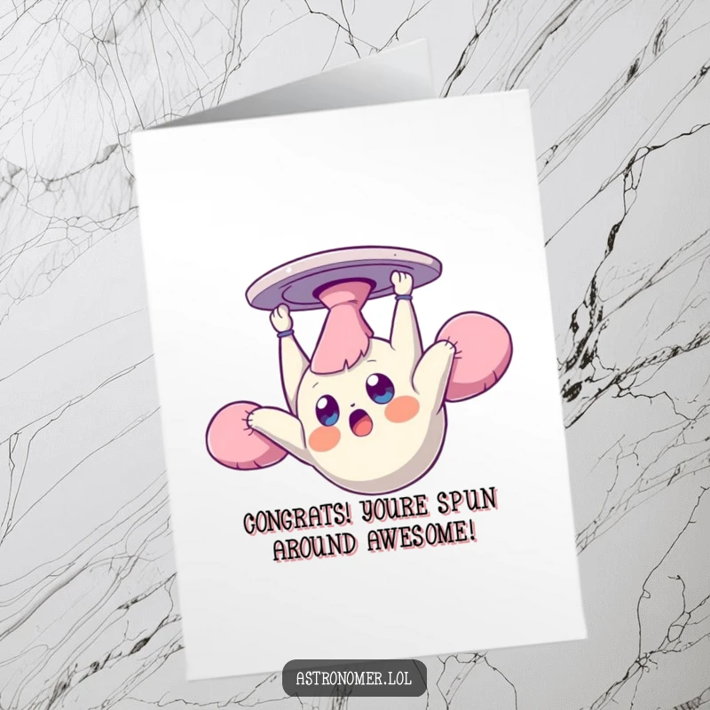 Funny Free Printable Congrats Card: Bewildered creature floats upside down in zero gravity, celebrating with a dazed expression.