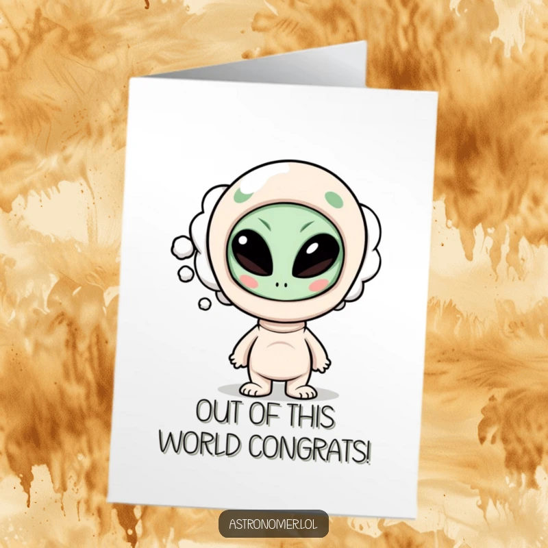 Funny Free Printable Congratulations Card: Character having funny alien thoughts in a thought bubble.