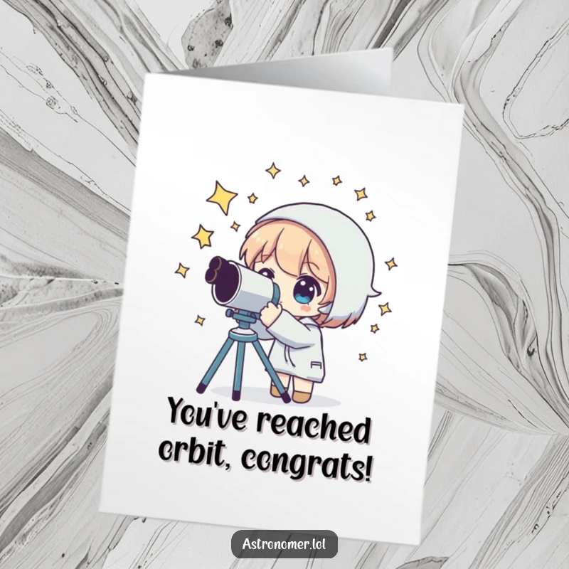 Funny Free Printable Congratulations Card showing an alien explorer gazing through a telescope at a sky full of stars.