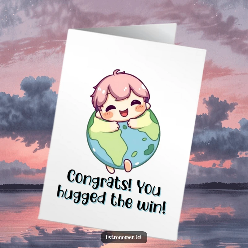 Funny Free Printable Congratulations Card: Cute character gives a planet a big hug, expressing pure delight and accomplishment.