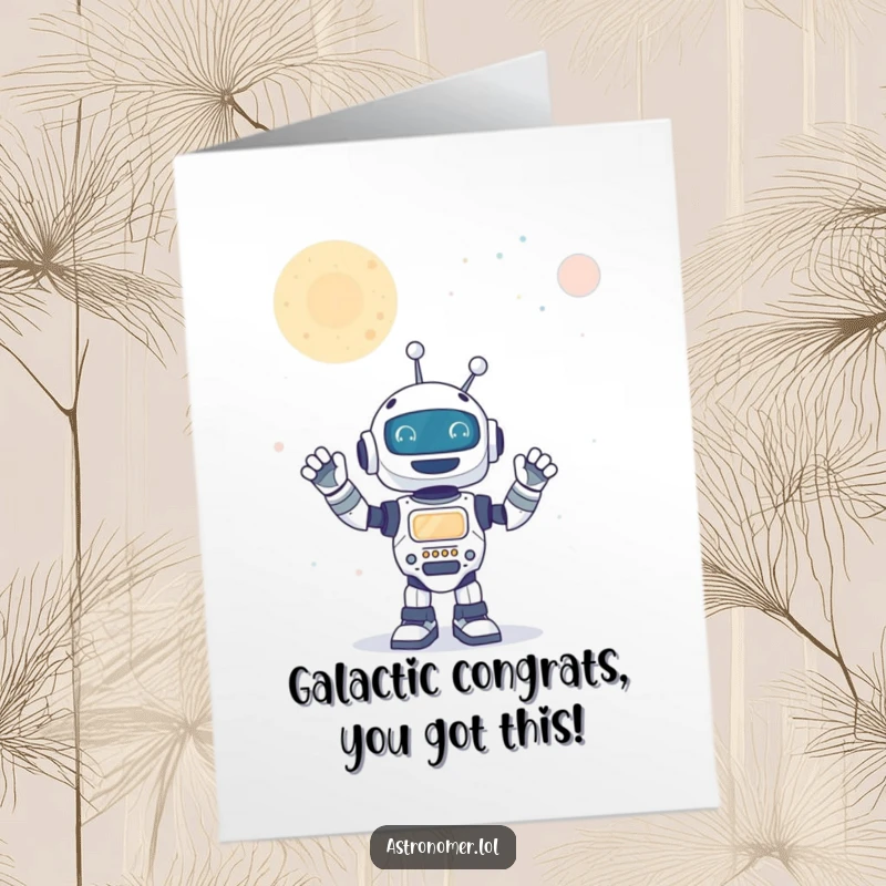 Funny Free Printable Congratulations Card: A joyful robot waves enthusiastically towards a distant galaxy, celebrating a win.