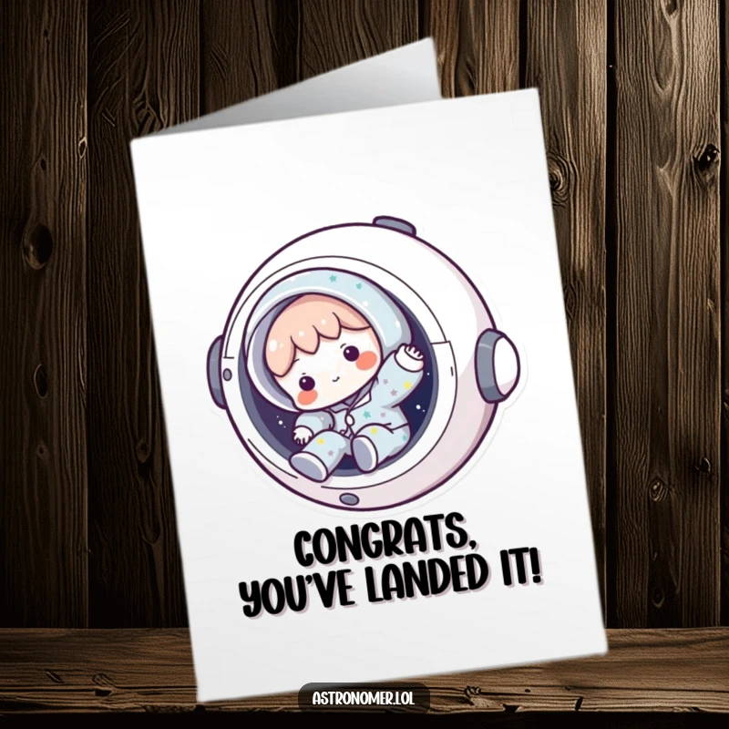 Funny Free Printable Congrats Card: Character in pajamas tumbling from a spaceship hatch, celebrating an achievement.