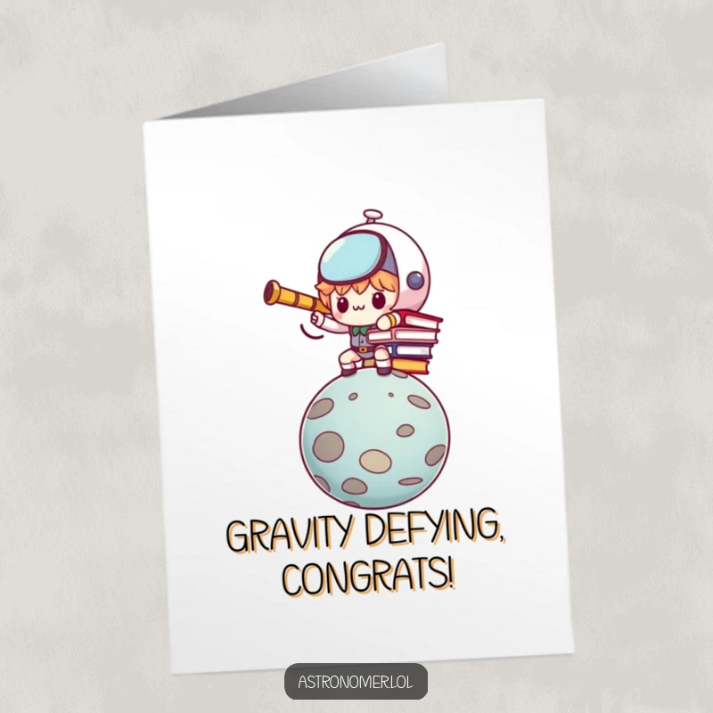 Funny Free Printable Congratulations Card: Determined Kawaii astronomer character struggling to balance books on a wobbly planet.