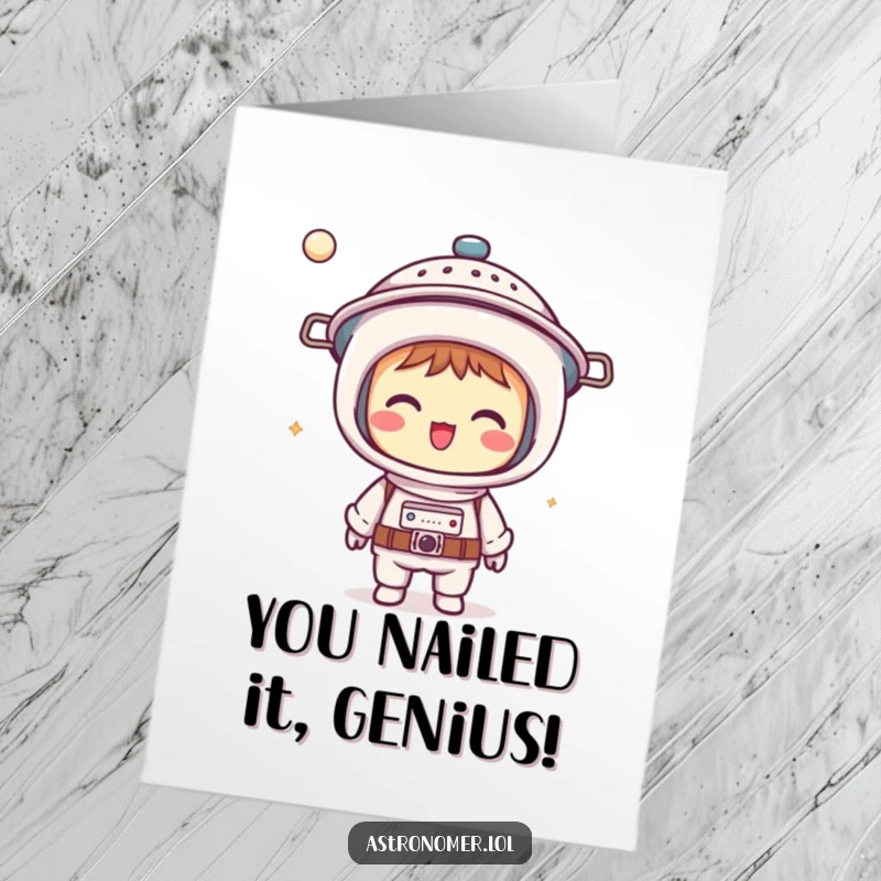 Funny Free Printable Congratulations Card: Giggling Kawaii astronomer proudly wears a colander helmet, celebrating an achievement with humor.