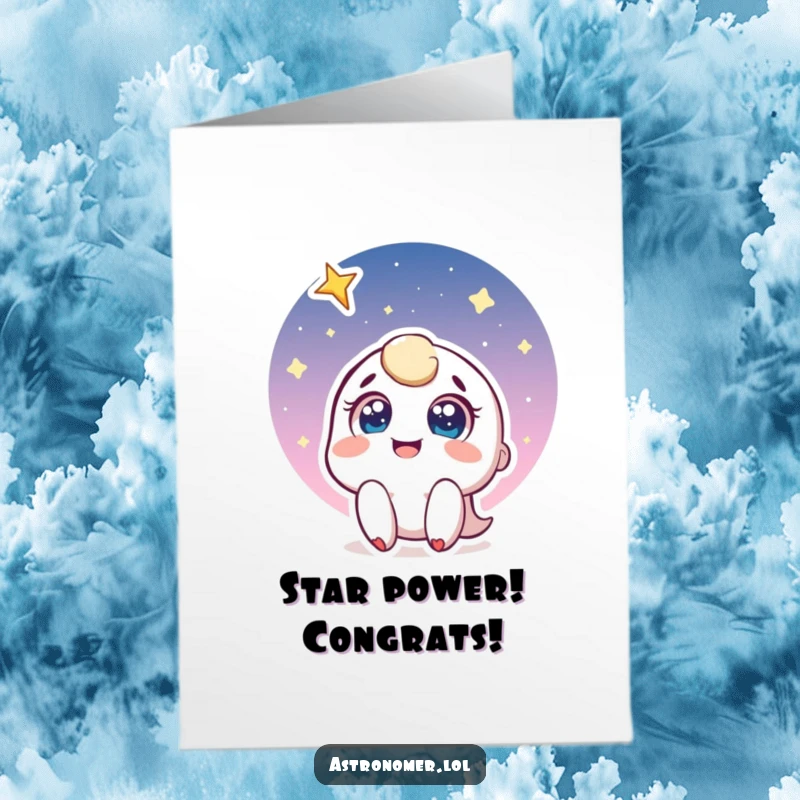 Funny Free Printable Congratulations Card: Joyful character gazing up with wonder at a shooting star.