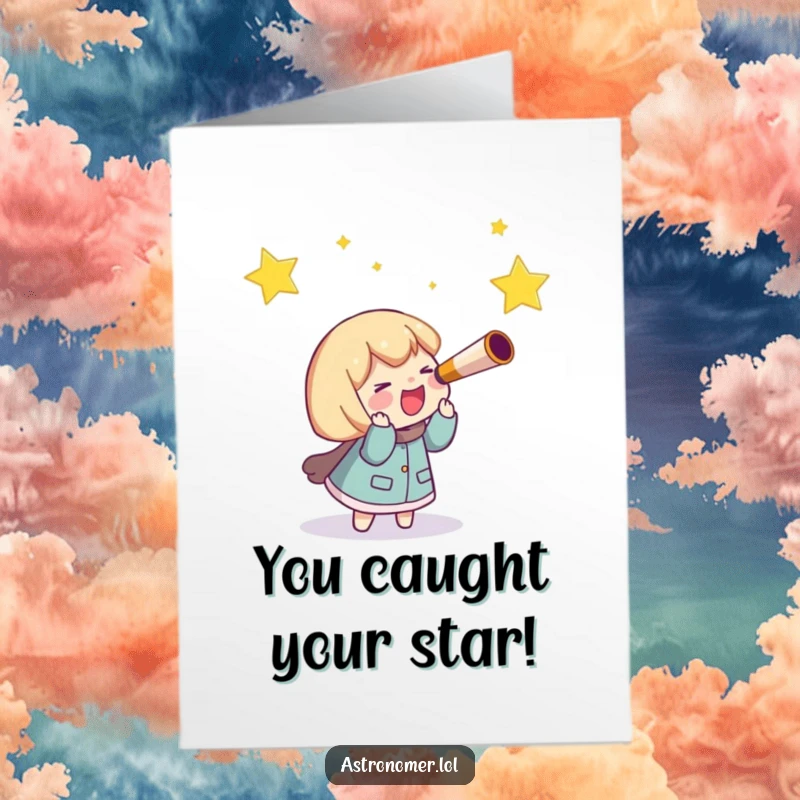 Funny Free Printable Congratulations Card: Character with telescope giggling as they hilariously pursue a shooting star.