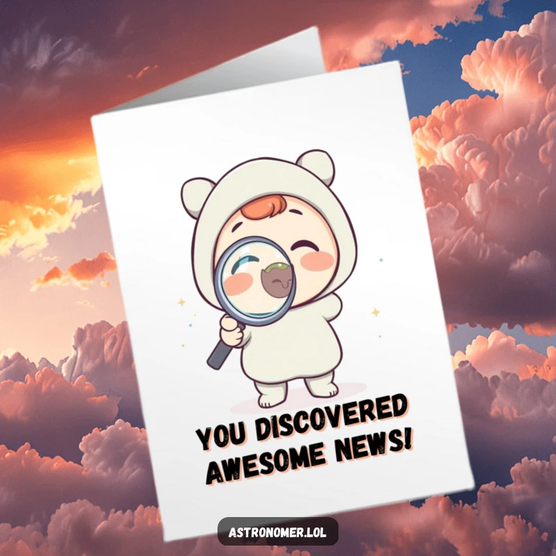 Funny Free Printable Congratulations Card: Alien explorer with magnifying glass celebrates a big discovery.