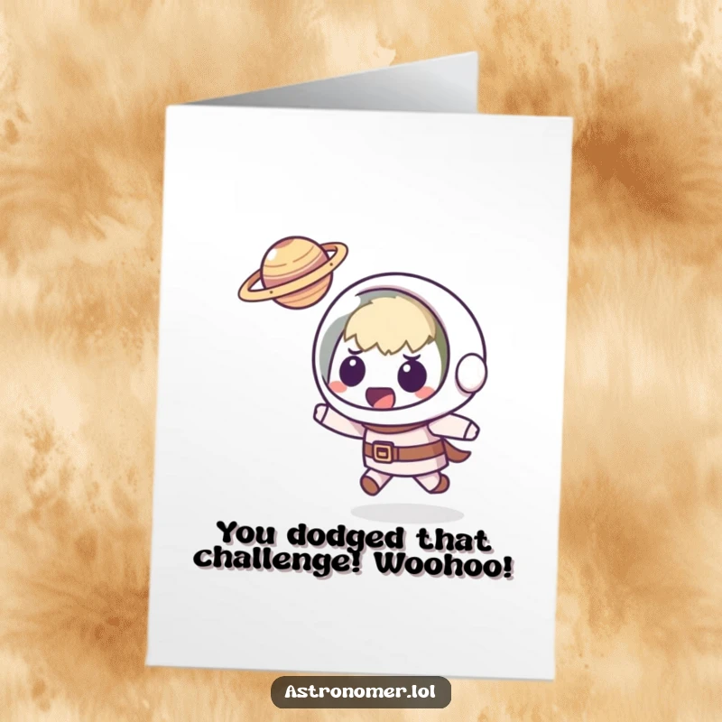 Funny Free Printable Congratulations Card: Kawaii astronomer comically startled by a small, flying planet, a unique way to say congrats.