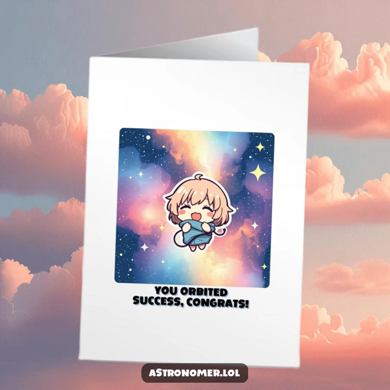 Funny Free Printable Congratulations Card: Character joyfully tangled in a starry nebula, perfect for celebrating any big win.