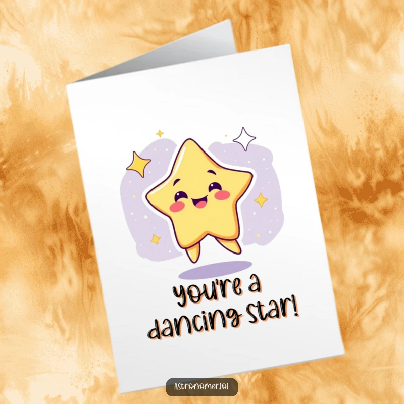 Free Printable Congratulations Card: A smiling star character enthusiastically doing a silly dance in the vastness of the galaxy.
