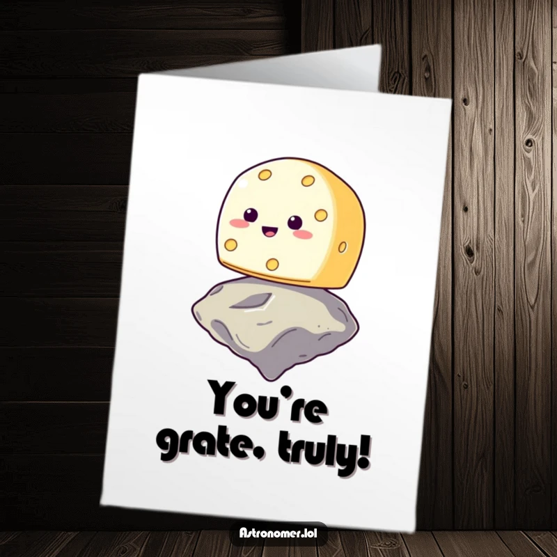 Funny Free Printable Congratulations Card: Smiling cheese wheel attempting to balance on a drifting asteroid, a stellar accomplishment.