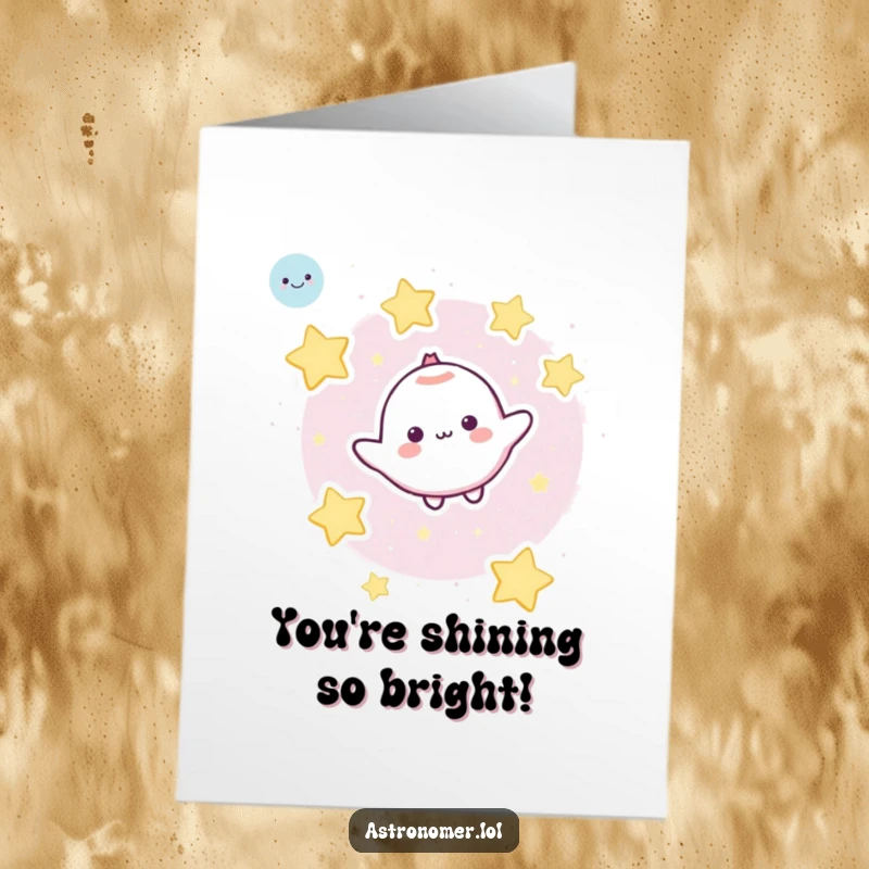 Funny Free Printable Congratulations Card: A cute character happily drifts in space, embraced by a constellation of cheerful cartoon stars.