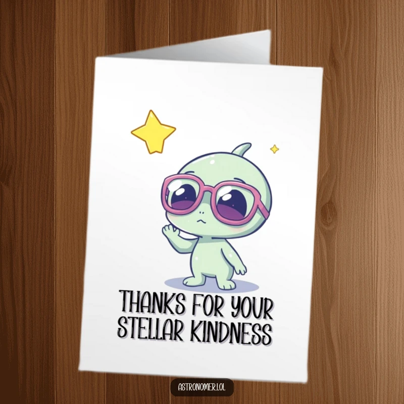Funny Free Printable Thank You Card: Cute alien in oversized glasses peers at a star, a unique DIY thank you.