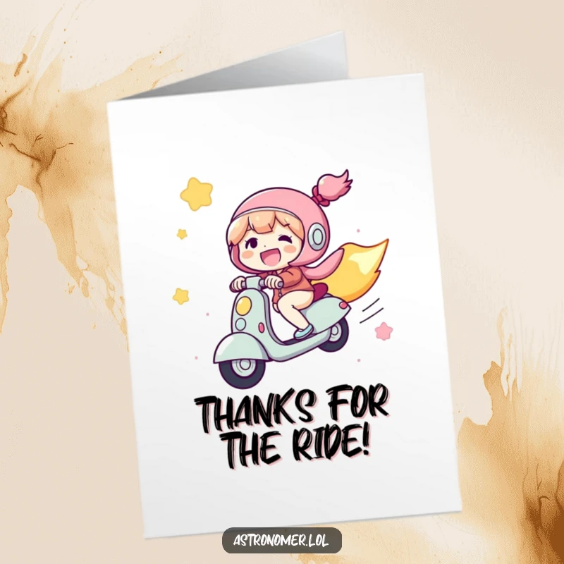 Funny Free Printable Thank You Card: Joyful character humorously riding a comet like a scooter to express thanks.