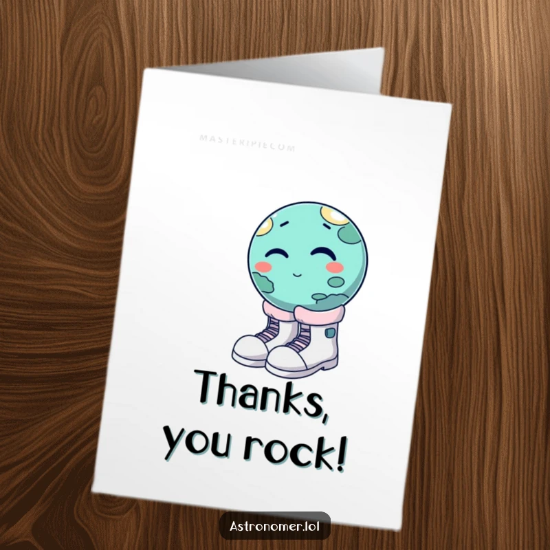 Funny Free Printable Thank You Card: Winking planet attempting to fit into enormous moon boots, a spacey thank you.