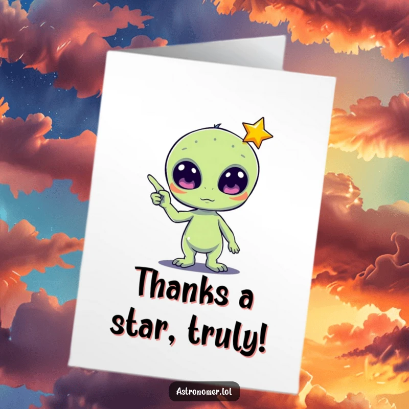Funny Free Printable Thank You Card: A cute alien with wide eyes gestures towards a falling star, conveying thanks.