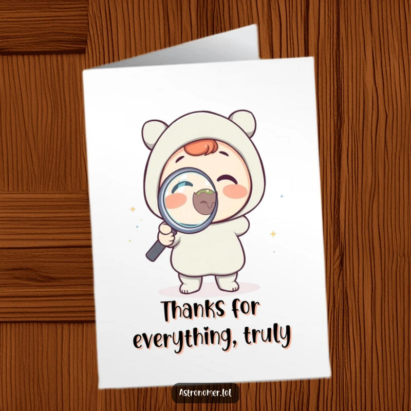 Funny Free Printable Thank You Card: Alien with magnifying glass looks closely at a thank you message.