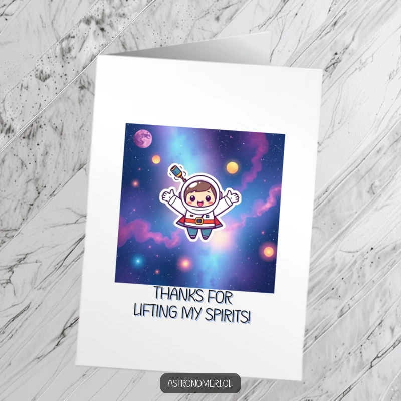 Funny Free Printable Thank You Card: Happy Kawaii astronomer character joyfully floating with open arms in colorful nebulae.