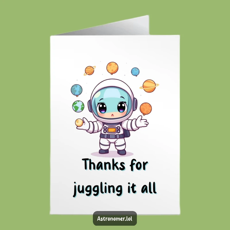 Free Printable Thank You Card: Juggling Planets Astronaut, Unique Downloadable Gift
