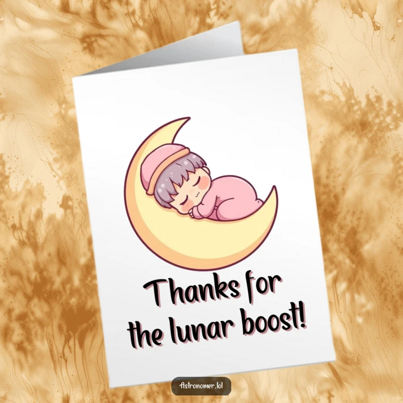 Funny Free Printable Thank You Card: Sleepy Kawaii astronomer character peacefully napping on a glowing crescent moon.