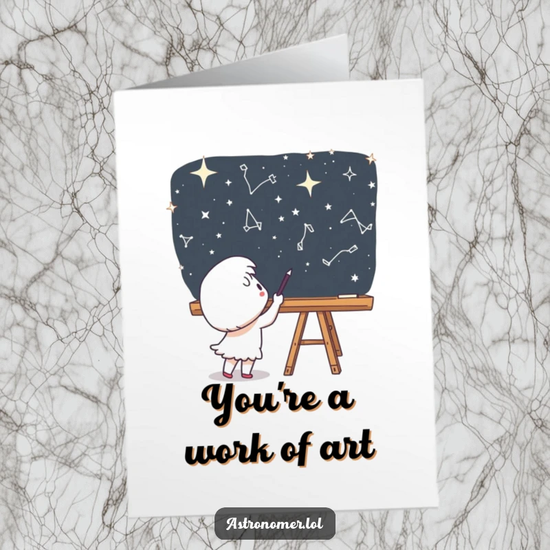 Funny Free Printable Thank You Card: A character paints a constellation on a chalkboard in space, expressing heartfelt thanks.