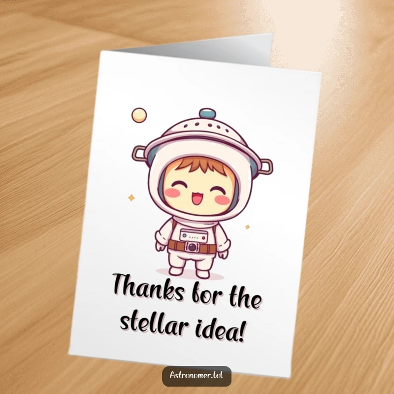 Funny Free Printable Thank You Card: Giggling Kawaii astronomer sporting a colander helmet, a humorous and unique way to say thanks.