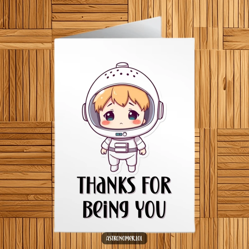 Funny Free Printable Thank You Card: Character in a colander space helmet, delivering thanks with a comical, confused expression.