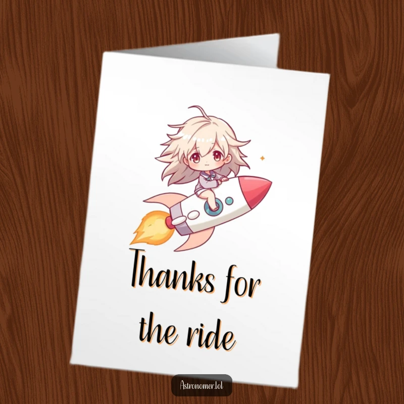 Funny Free Printable Thank You Card: Character riding a comet like a rocket, windblown hair, expressing thanks with energetic, humorous speed.