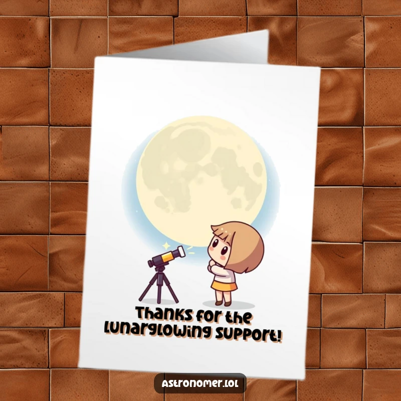 Funny Free Printable Thank You Card: Curious Kawaii astronomer observing a comically surprised giant moon, a humorous way to express thanks.