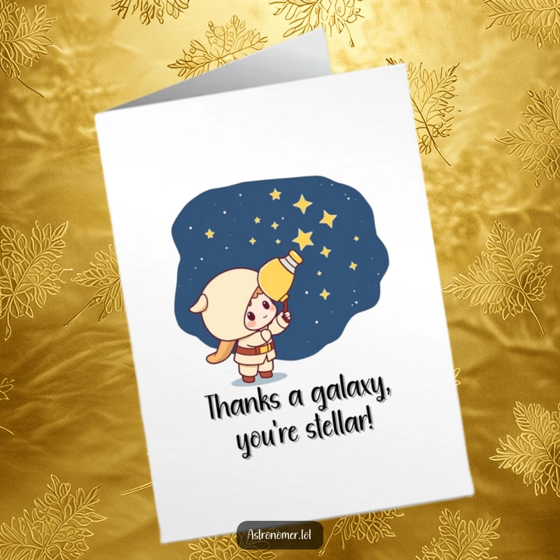 Funny Free Printable Thank You Card: Mischievous Kawaii astronomer character playfully painting stars onto a dark night sky.