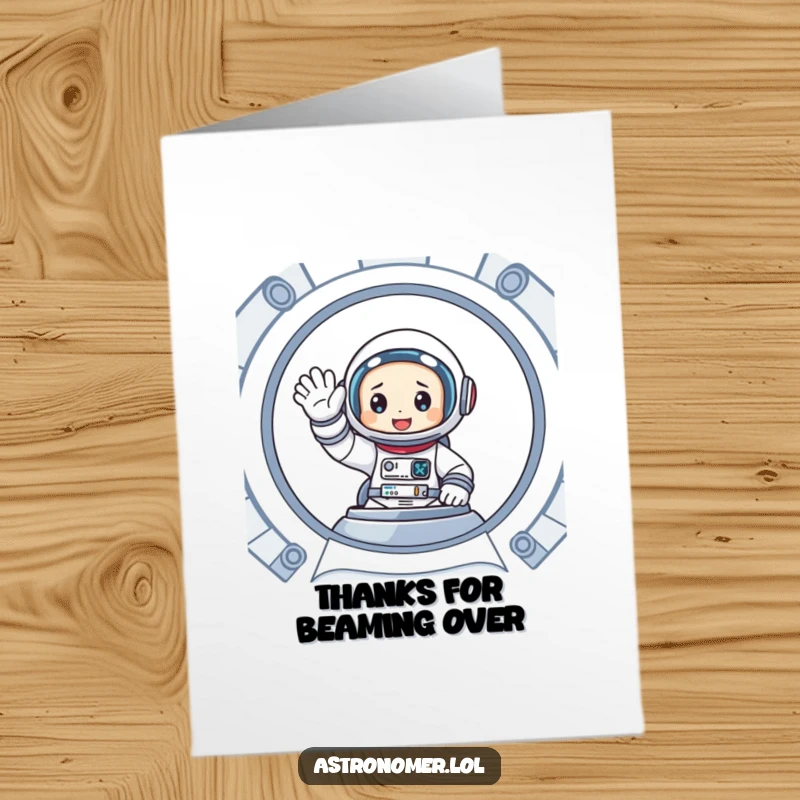 Funny Free Printable Thank You Card: Cartoon astronaut waving enthusiastically from inside a spaceship, friendly thank you.
