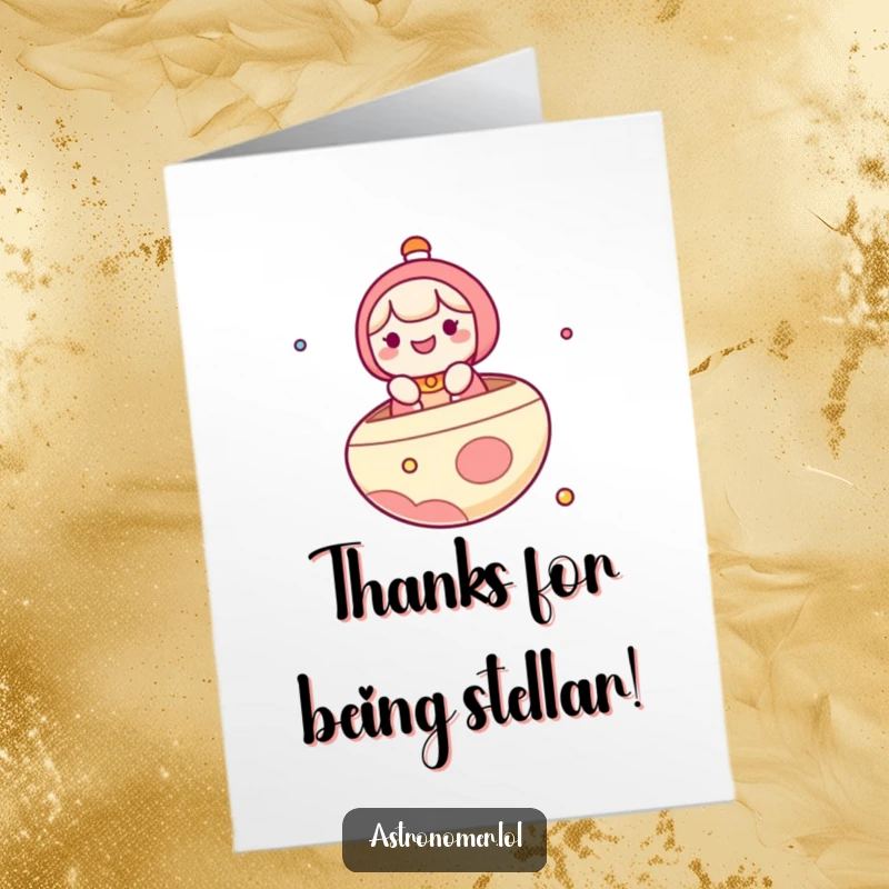 Funny Free Printable Thank You Card: Kawaii space character joyfully piloting a planet boat, expressing gratitude with humor.