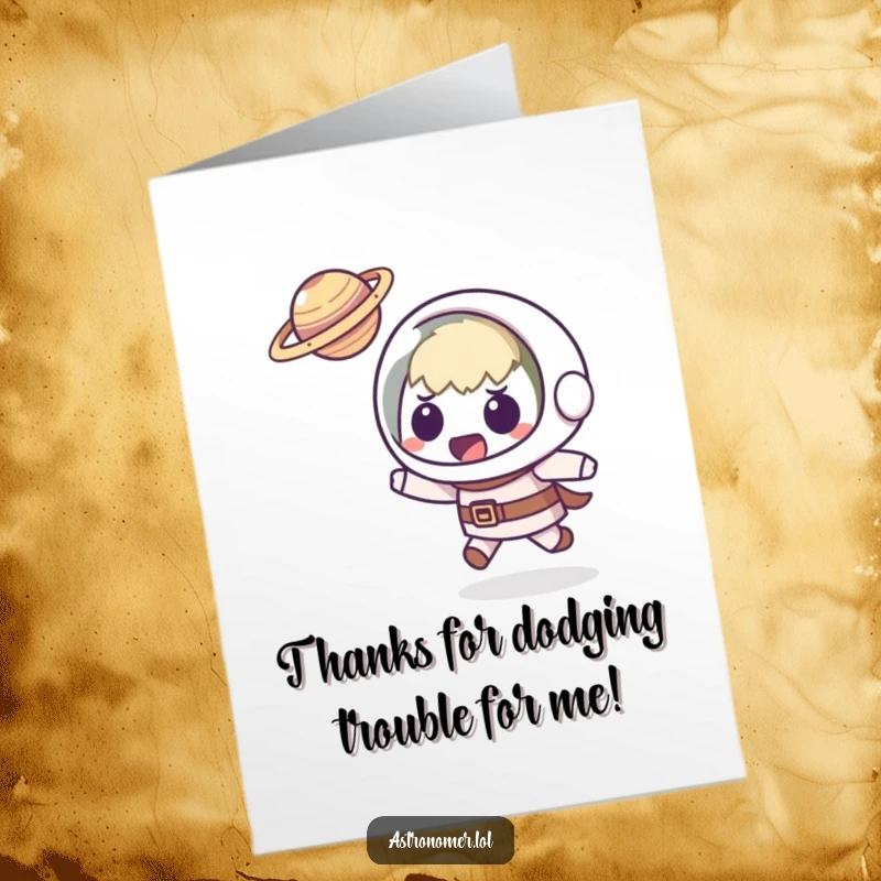Funny Free Printable Thank You Card: Kawaii astronomer looking shocked while a tiny planet flies towards them, a humorous thank you.