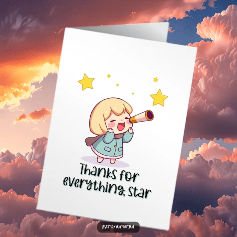 Funny Free Printable Thank You Card: Character with telescope giggling while humorously chasing a shooting star for thanks.