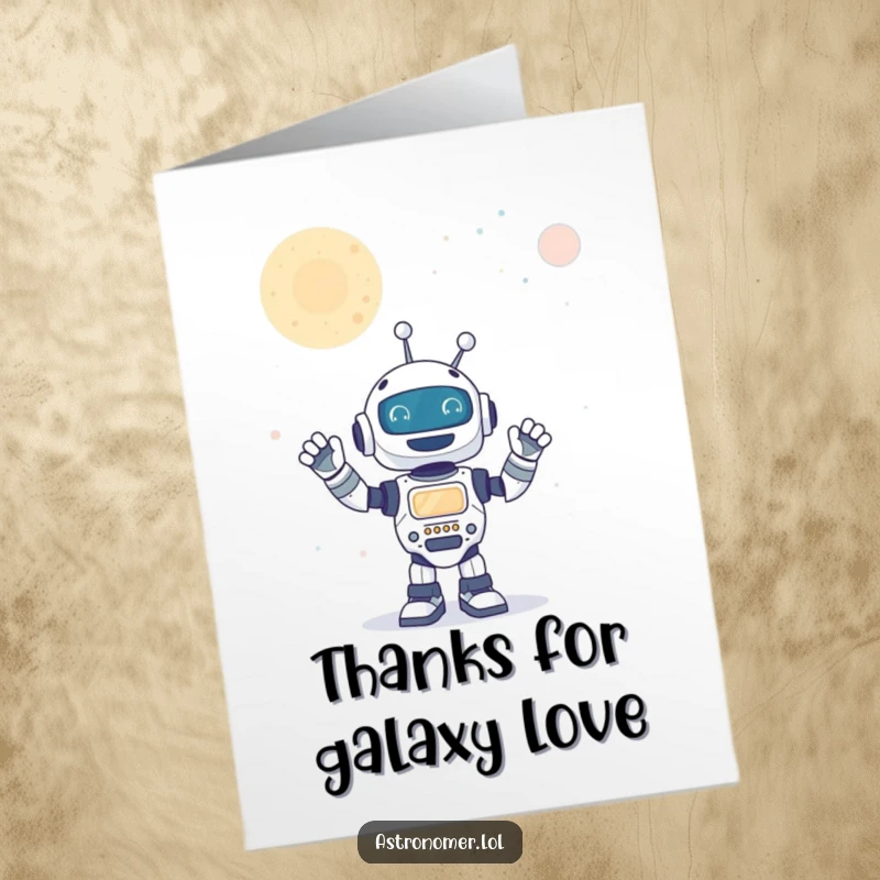 Funny Free Printable Thank You Card: A happy robot waves enthusiastically at a distant galaxy, sending thanks.