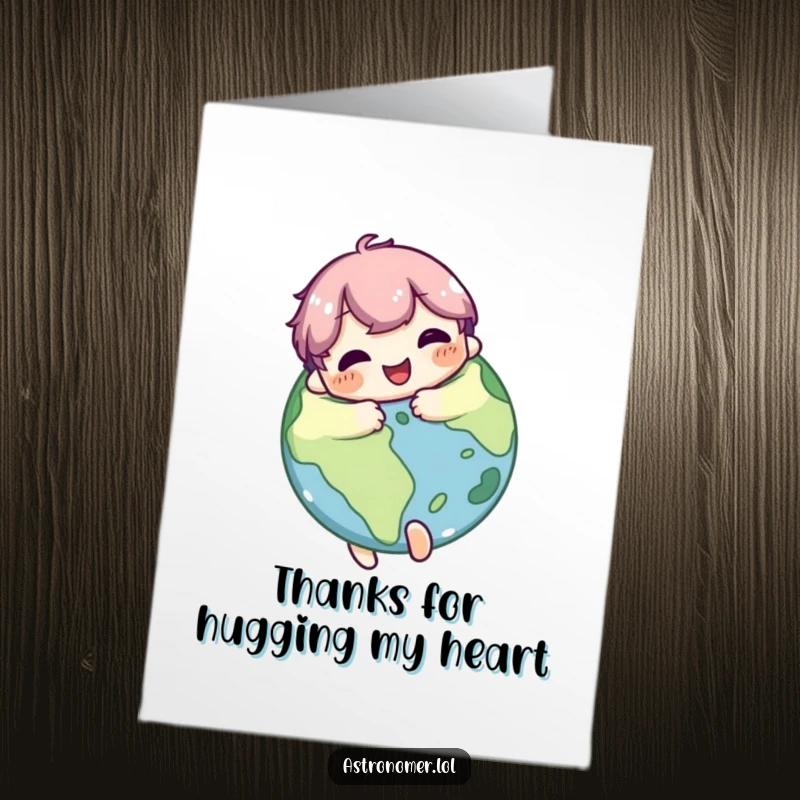 Funny Free Printable Thank You Card: Cute character embraces a planet with a huge smile, conveying immense thanks.